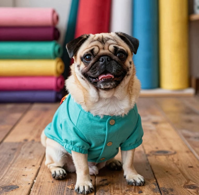 A happy small pug wearing a vibrant handcrafted teal shirt, sitting proudly on a rustic wooden floor next to rolls of colorful fabrics, warm natural daylight