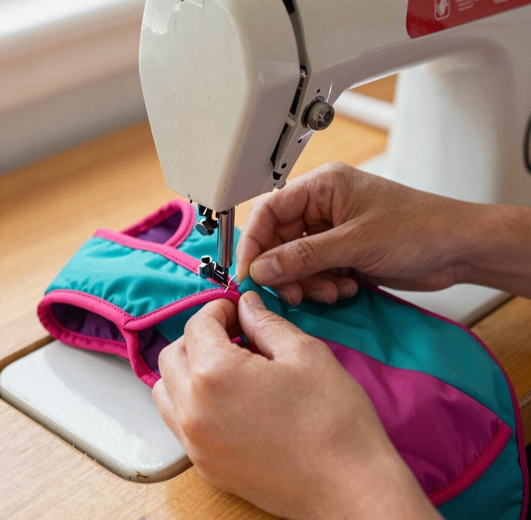Hands carefully stitching a colorful teal and magenta pet vest on a vintage sewing machine in a warm, sunlit workshop in Celaya, close-up, shallow depth of field