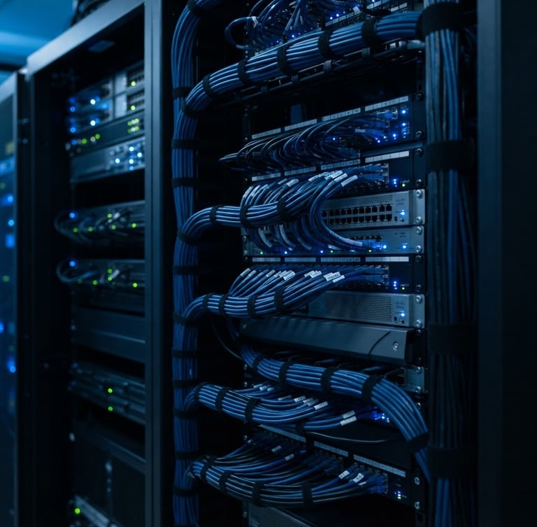 Close-up of clean structured cabling inside a dark server rack, glowing blue status LEDs, sharp focus on organized wires, premium tech photography, cool blue ambient light, 50mm lens