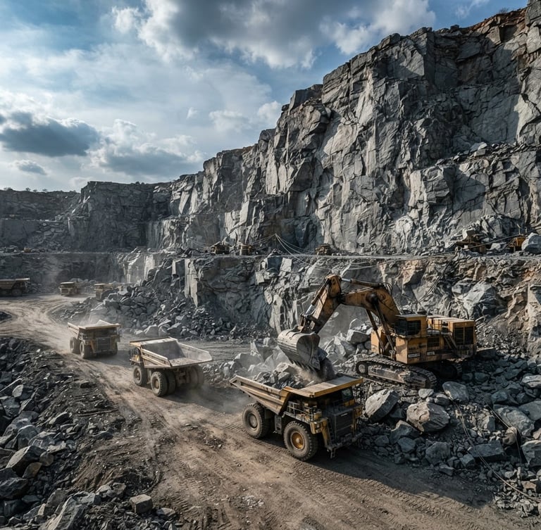 Wide-angle gritty industrial shot of raw granite cliffs at the Shivapura quarry, heavy excavators loading haul trucks, high-contrast dramatic natural daylight, desaturated slate tones