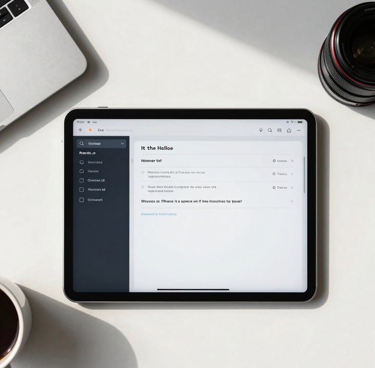 A clean, top-down flat lay of a modern workspace with a tablet displaying a high-contrast, legible user interface, bathed in bright natural daylight.