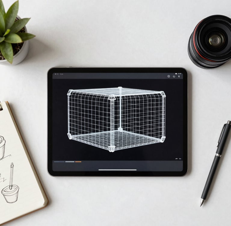 A clean, bright top-down flat lay of a modern workspace with a tablet displaying a high-contrast wireframe and a notebook with clean sketches under natural daylight.