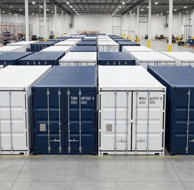 A bright, neutral studio shot of modern steel shipping containers aligned neatly in a logistics hub, sharp focus, 50mm lens