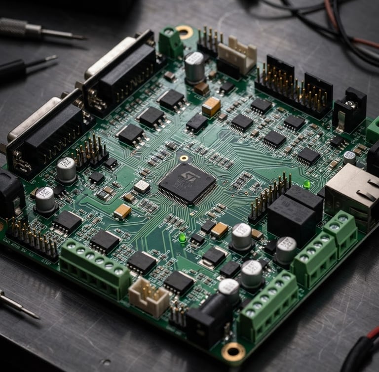 Sharp macro photography of a high-performance CNC controller board on a brushed metal workbench, technical studio lighting, dark slate background, copper and green circuit board details, 85mm