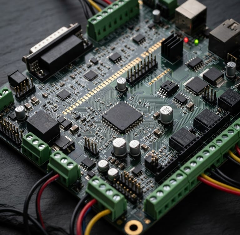 Sharp macro photography of a CNC controller board, technical studio lighting, dark slate background, copper and green circuit board details, 85mm