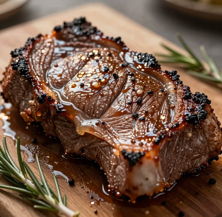 Gros plan texturé sur un jus de viande miroitant versé sur une viande tendre cuite à basse température, herbes aromatiques de Normandie, lumière dorée de fin de journée.