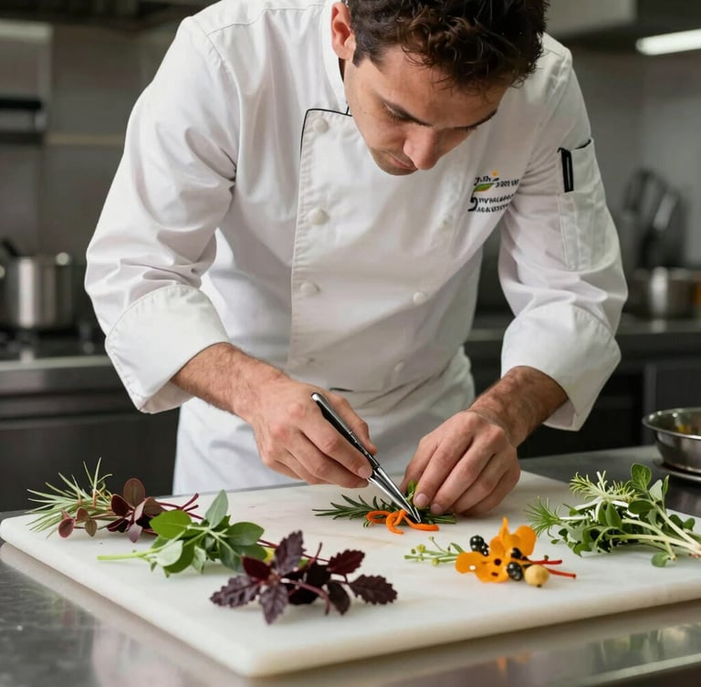 Mains d'un chef cuisinier dressant avec une pince de précision des herbes aromatiques fraîches sur une entrée colorée, lumière naturelle douce de côté.