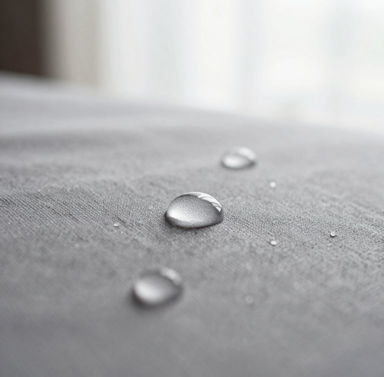 Macro detail shot of water droplets beading on a textured grey fabric surface, shallow depth of field, soft diffused morning light