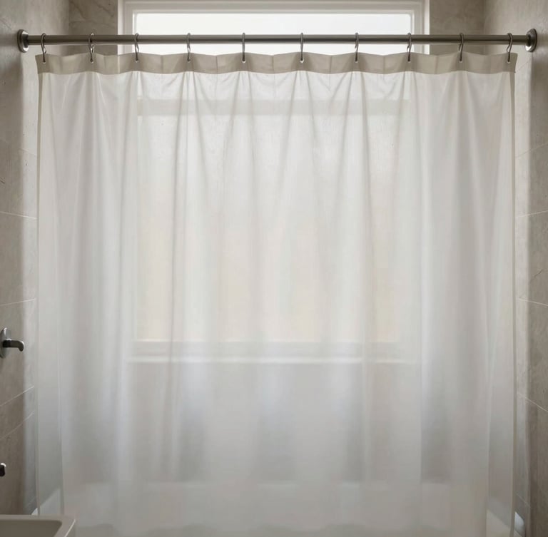 Straight-on eye-level shot of a minimalist bathroom, a water-repellent fabric shower curtain hanging on a sleek rod, soft morning light, muted stone tones