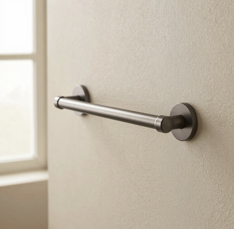 Macro clean editorial photography of a solid-milled dark metal towel bar mounted on a textured beige plaster wall, soft diffused morning window light, shallow depth of field, minimalist architectural composition.