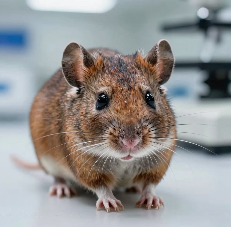 Macro photograph of a rodent in a clean laboratory setting, clinical lighting, sharp focus on whiskers, technical diagnostic style.