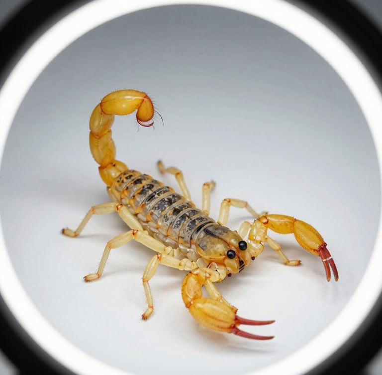 Macro studio photograph of a yellow scorpion (Tityus serrulatus) on a stark white clinical surface, cold ring-light illumination, high-definition details of the stinger, clean diagnostic style.