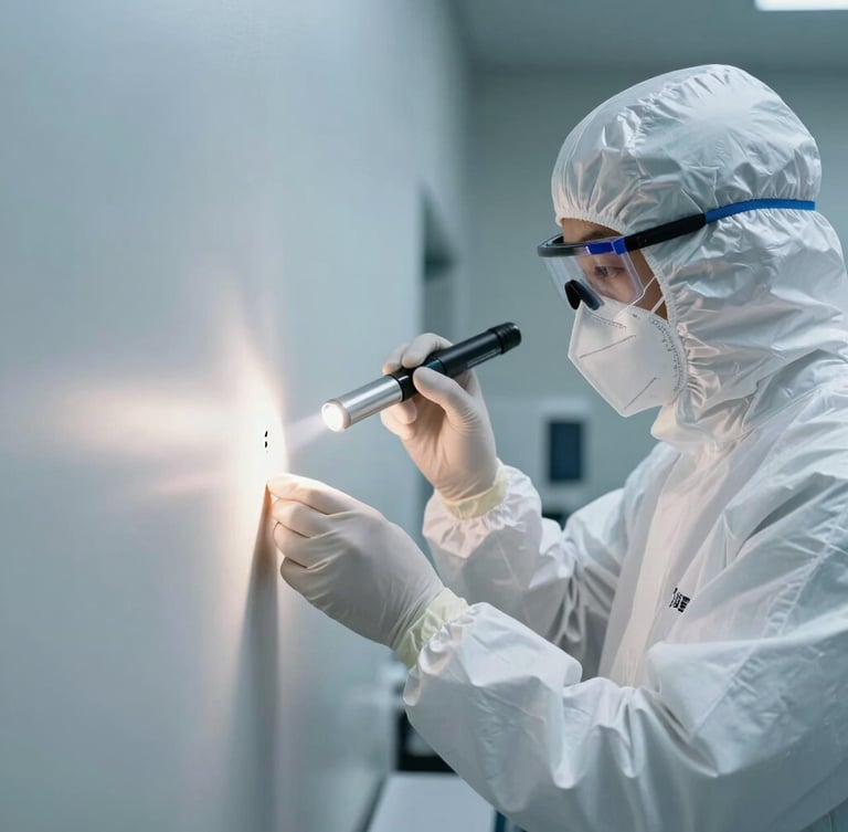A professional technician wearing a white biosafety suit examining a wall crevice with a clinical UV light, sterile laboratory aesthetic