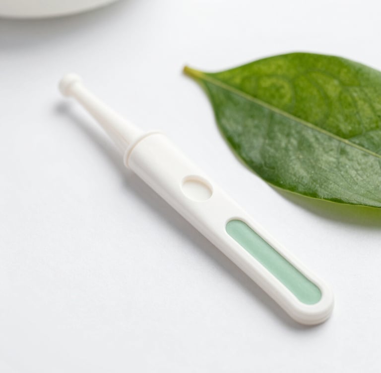 Close-up of an elegant non-invasive cheek swab kit resting on a clean white surface next to a fresh green leaf, soft daylight, 35mm