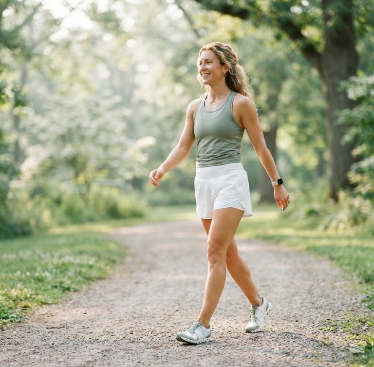Bright editorial photography of a healthy, active woman walking in soft morning sunlight, shallow depth of field, 35mm
