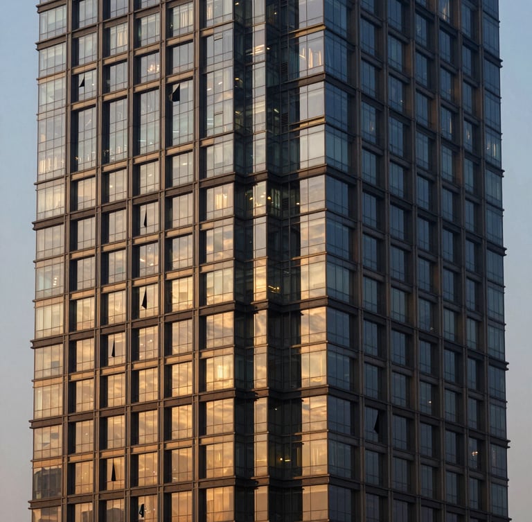 Symmetrical architectural photography of a modern high-rise commercial tower in Gurgaon, golden-hour window light reflecting off glass facade, deep navy tones, sharp details, 35mm