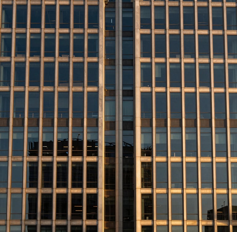 Symmetrical architectural detail of a modern glass and steel skyscraper facade, golden-hour window light, sharp details, 35mm
