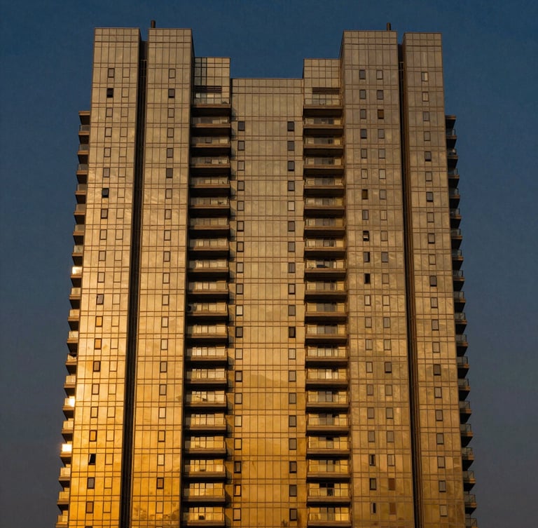 Symmetrical golden-hour architectural twilight shot of a luxury high-rise tower in Gurgaon, deep navy sky, warm gold lights reflecting off modern glass facade, 35mm premium photography