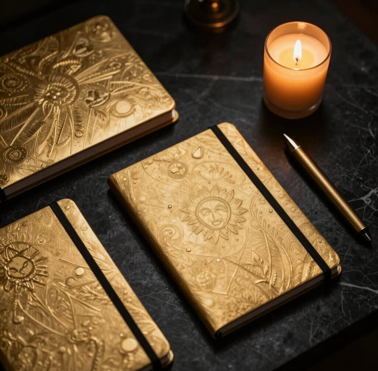 Moody flat lay of an elegant obsidian desk, gold-embossed notebooks, a bronze stylus, and a single burning beeswax candle casting warm light, dark background