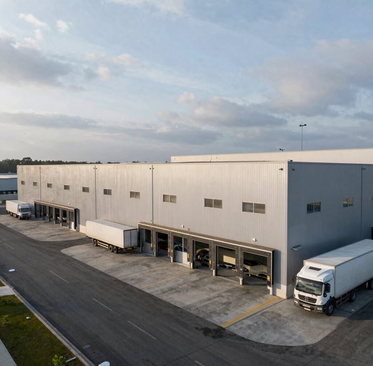 Wide-angle drone shot of a modern high-bay industrial warehouse exterior under overcast morning light, showing concrete loading docks, staging asphalt, and transport trucks.
