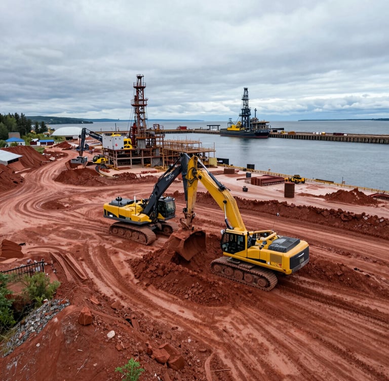 High-angle drone shot of an active industrial construction site in Cape Breton, heavy machinery grading raw red earth near a deep-water port, overcast maritime sky.