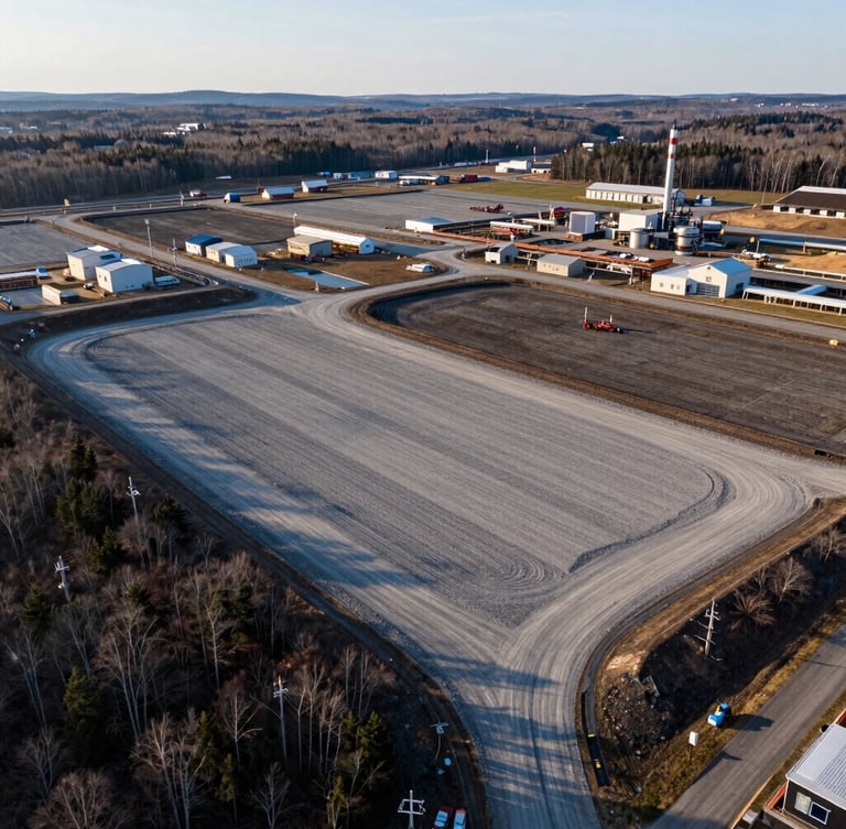 Wide-angle drone shot of an active industrial development site in Cape Breton, showcasing raw land plots with clear gravel laydown yards under crisp morning light, transport links visible in the background.