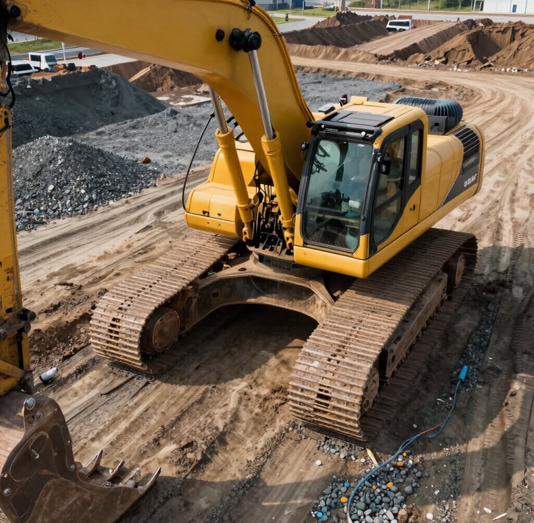 Close-up aerial view of a heavy excavator preparing a gravel foundation on an industrial land plot, sharp morning light, raw earth and steel tracks visible