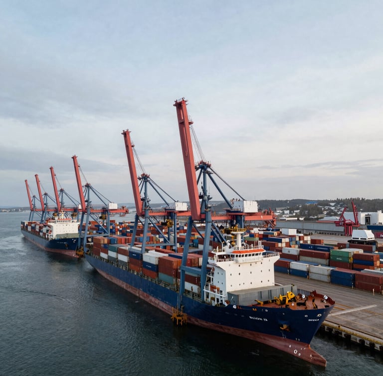 Wide-angle drone shot of an active maritime industrial terminal in Cape Breton, heavy container cranes, cargo ships, overcast morning light.