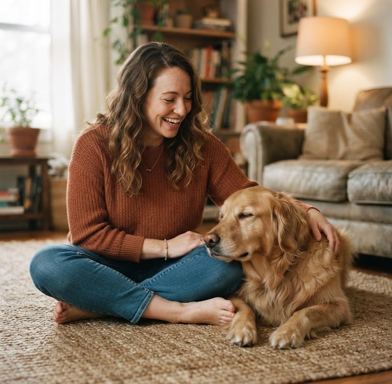 Candid, eye-level portrait of a warm, friendly caregiver sitting on a living room rug next to a relaxed golden retriever, soft morning window light, warm earth tones, shallow depth of field.