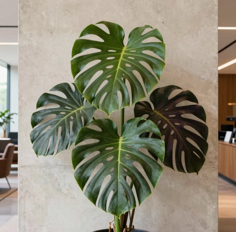A dramatic portrait of a massive split-leaf monstera deliciosa against a warm ivory concrete wall in a minimalist luxury office lobby, soft indirect natural light, editorial interior photography, medium format.