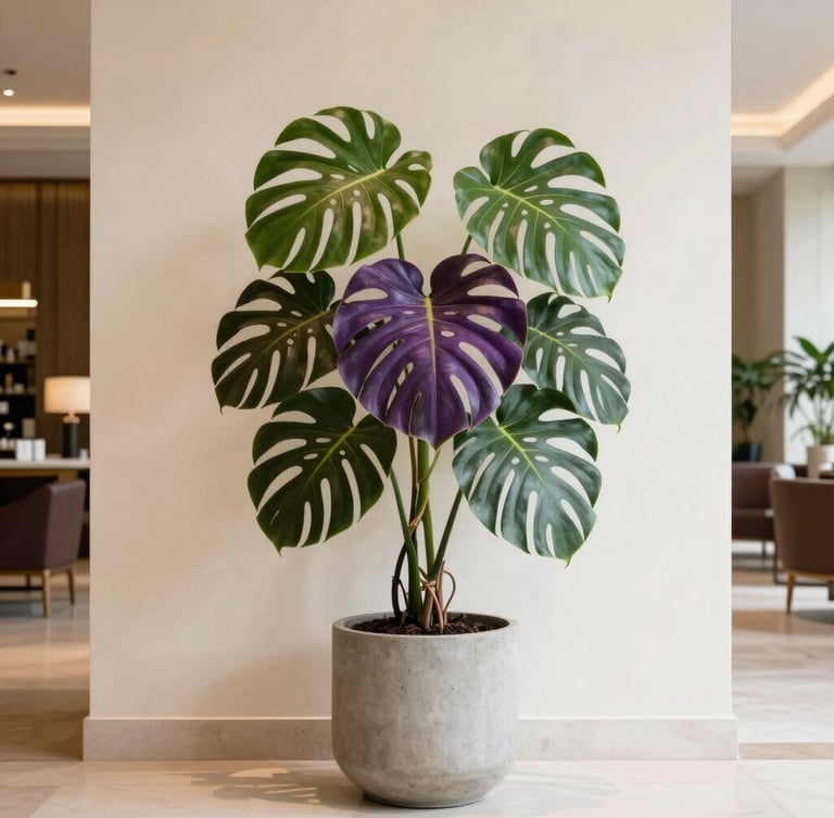A dramatic large-scale Monstera Deliciosa in a minimalist concrete planter, standing in a bright, sunlit luxury hotel lobby with warm ivory walls and soft shadows, medium format editorial photography.