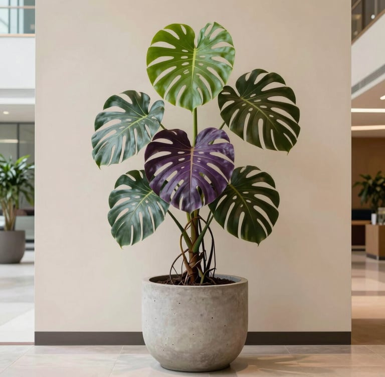 A dramatic architectural monstera plant in a massive raw concrete planter, set against a warm ivory wall in a modern corporate atrium, soft side light, editorial interior photography