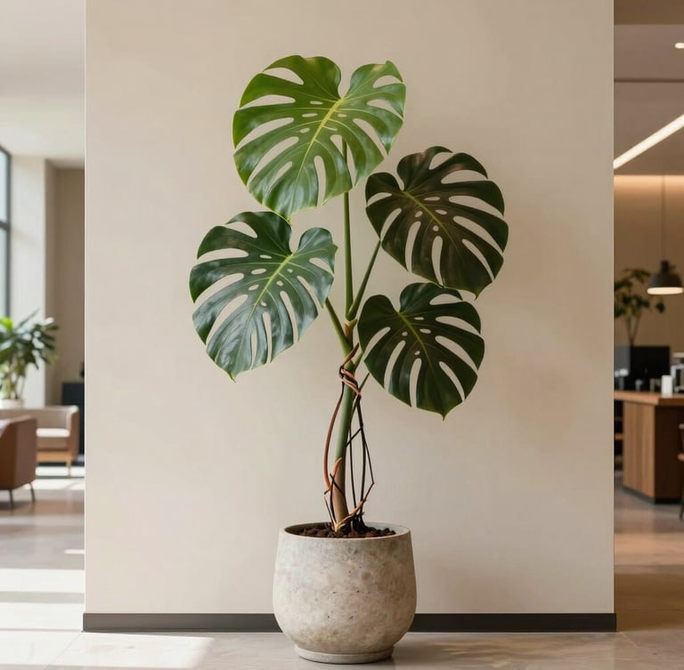 A tall, structural Monstera deliciosa in a minimalist stone planter against a warm ivory wall in a sunlit modern office lobby, soft indirect light, medium format