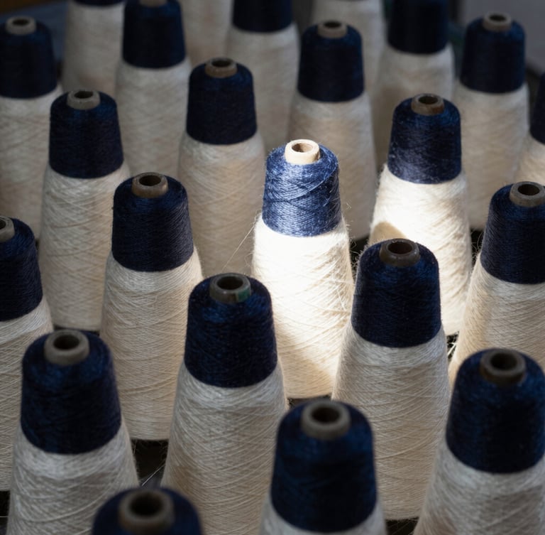 Macro shot of wound cones of silk yarn on a spinning spindle, high-contrast industrial shadows, natural light, deep navy tones