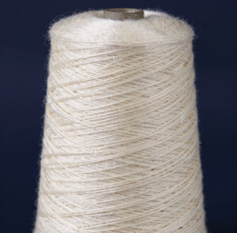 Macro photograph of a standardized spindle-wound cone of cream silk yarn, natural side-lit workshop lighting, deep navy background