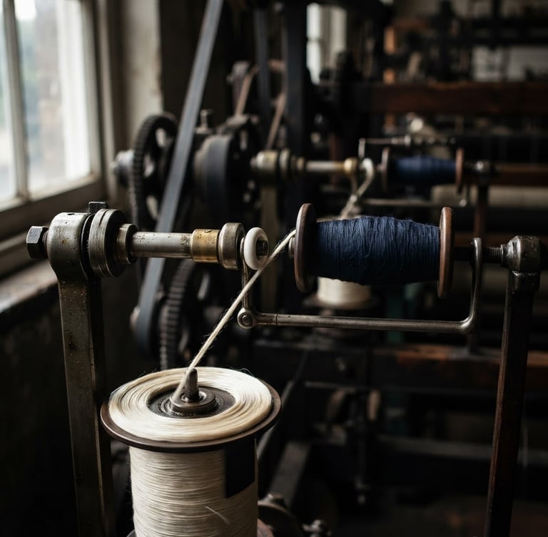 Detailed industrial photography of a high-speed spinning spindle winding raw silk filament, natural side-lit workshop light with high-contrast shadows, rich raw-silk cream and deep navy tones, macro lens.