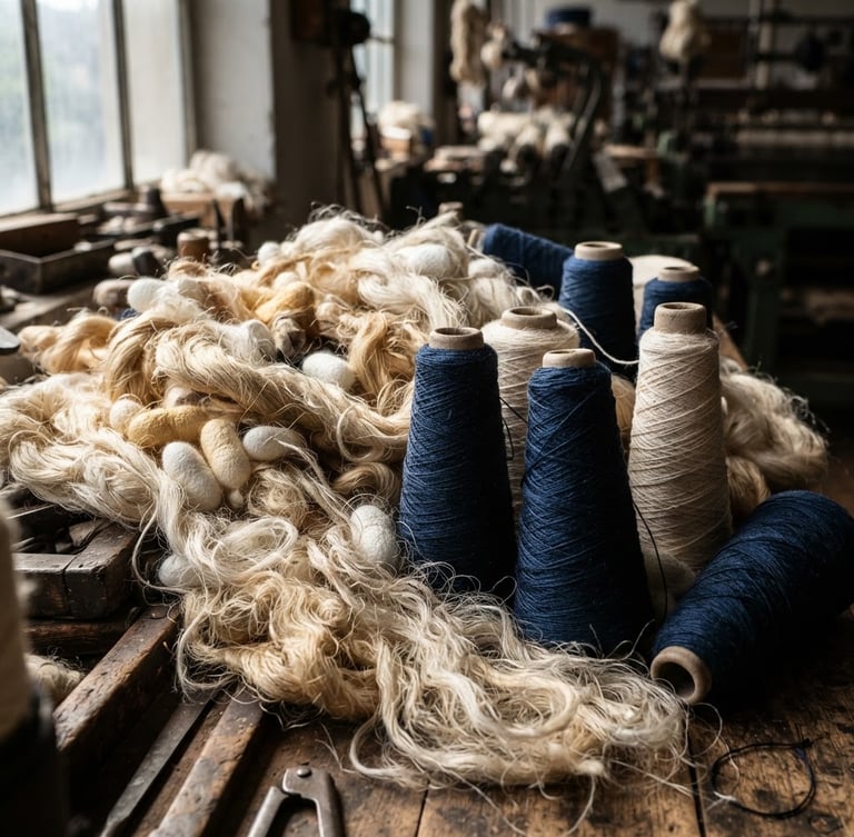 Macro photograph of raw silk fiber nests and wound cones of yarn under natural side-lit industrial workshop light, high-contrast shadows emphasizing texture