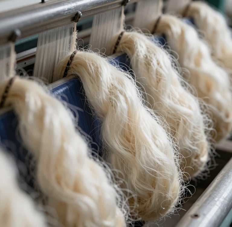 Close-up of raw silk fiber nests being combed in an industrial spinning machine, natural side-lit workshop light, rich cream tones, macro lens