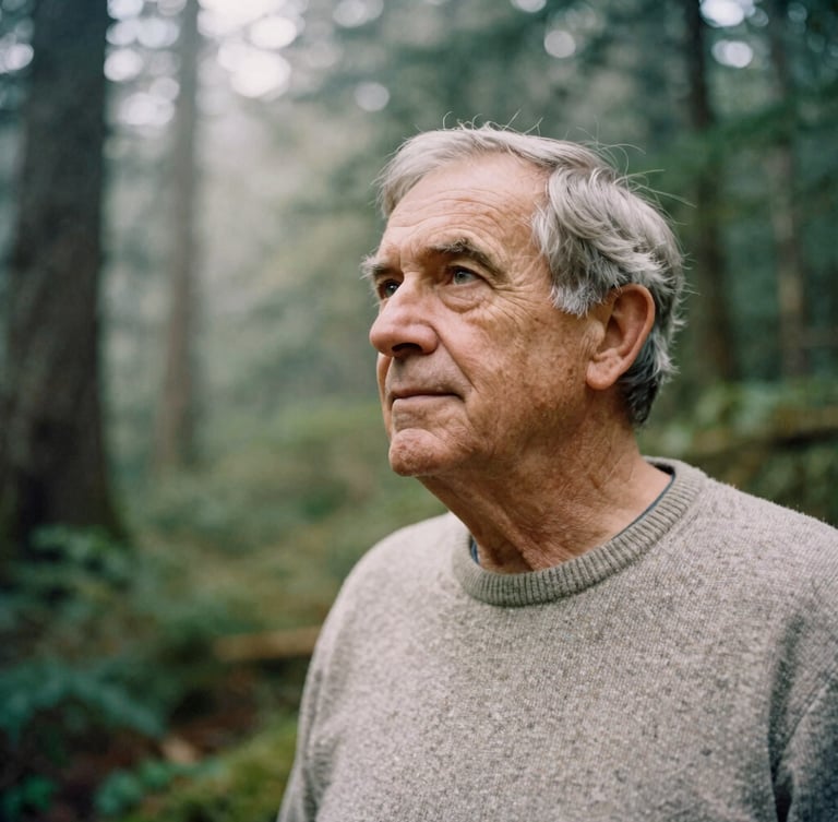 Candid medium shot of an older gentleman with kind eyes, wearing a simple wool sweater, looking out over a misty forest in the Pacific Northwest, soft natural daylight, warm editorial photography, 35mm film.