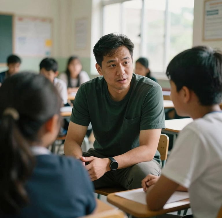 Candid medium-shot photograph of a community mentor talking with a young student in an active, naturally lit classroom. Soft natural daylight, deep muted forest tones, shallow depth of field, 35mm film.