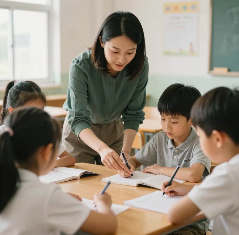 Candid medium shot of a teacher guiding young students in a bright, sunlit classroom, warm editorial style, soft natural daylight, shallow depth of field