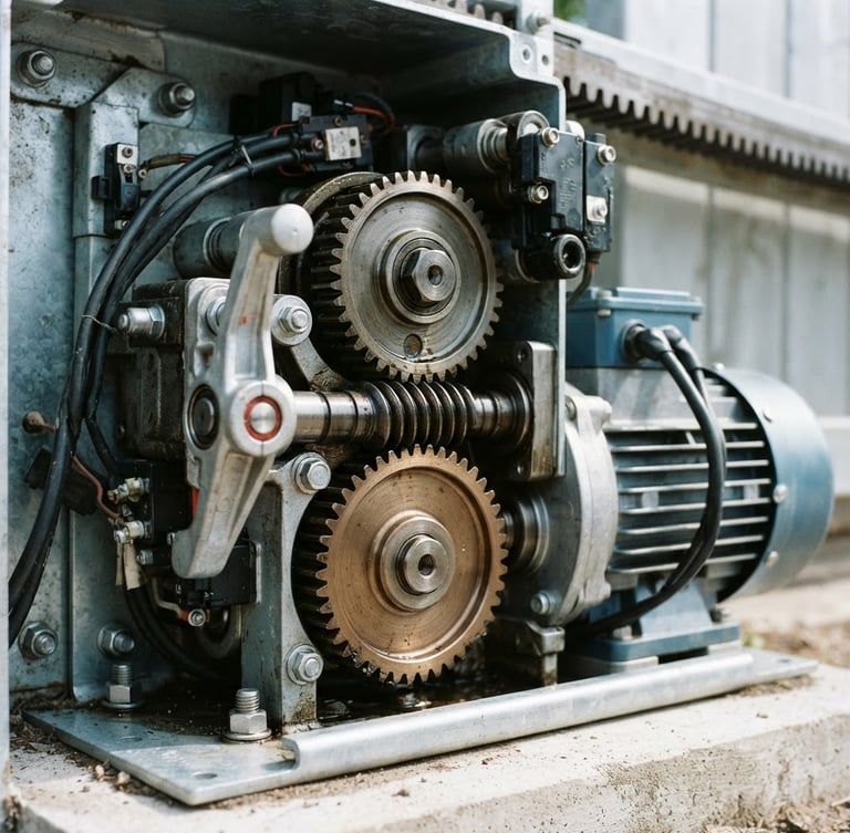 Sharp technical close-up of a high-quality gate motor with gears, crisp technical lighting, metallic tones, 35mm photography