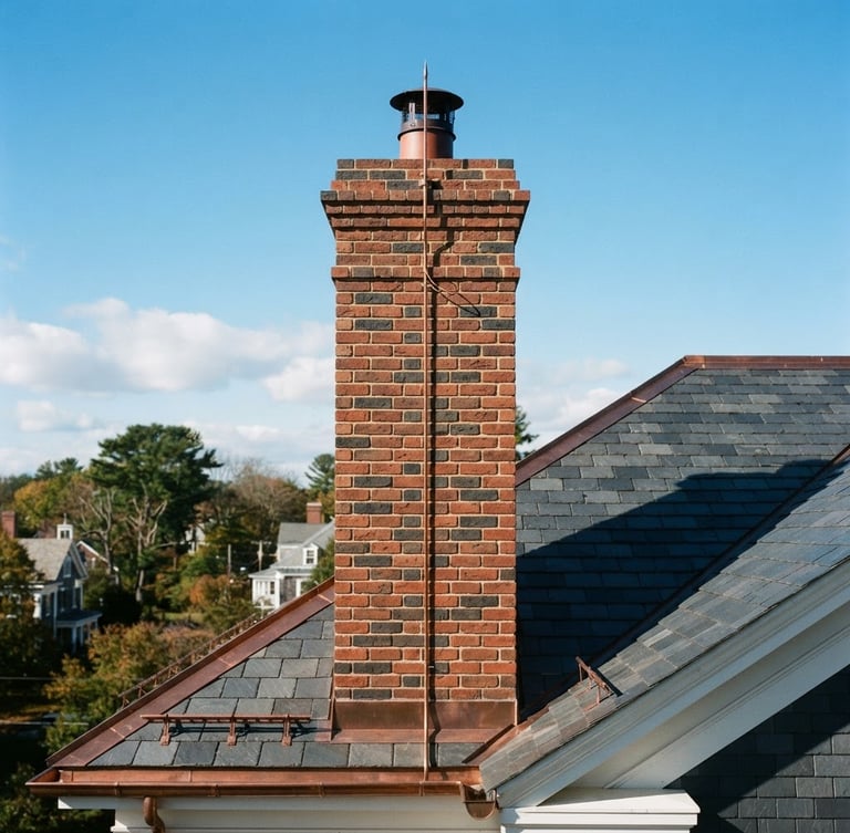 Crisp exterior roofline shot of a recently restored brick chimney against a clear New England sky, sharp focus, natural daylight, rich brick-red and charcoal tones.