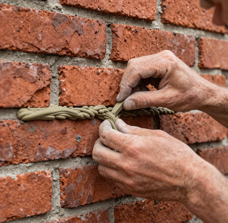 Close-up portrait shot of a master mason's hands carefully repointing historic brickwork with lime mortar, natural daylight, focus on texture and precision.