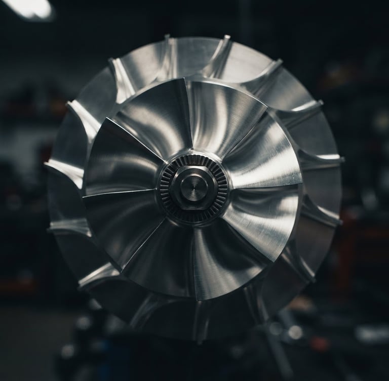Tight macro shot of a pristine metallic turbocharger compressor wheel, sharp reflections, dramatic workshop lighting, deep charcoal background, 50mm lens