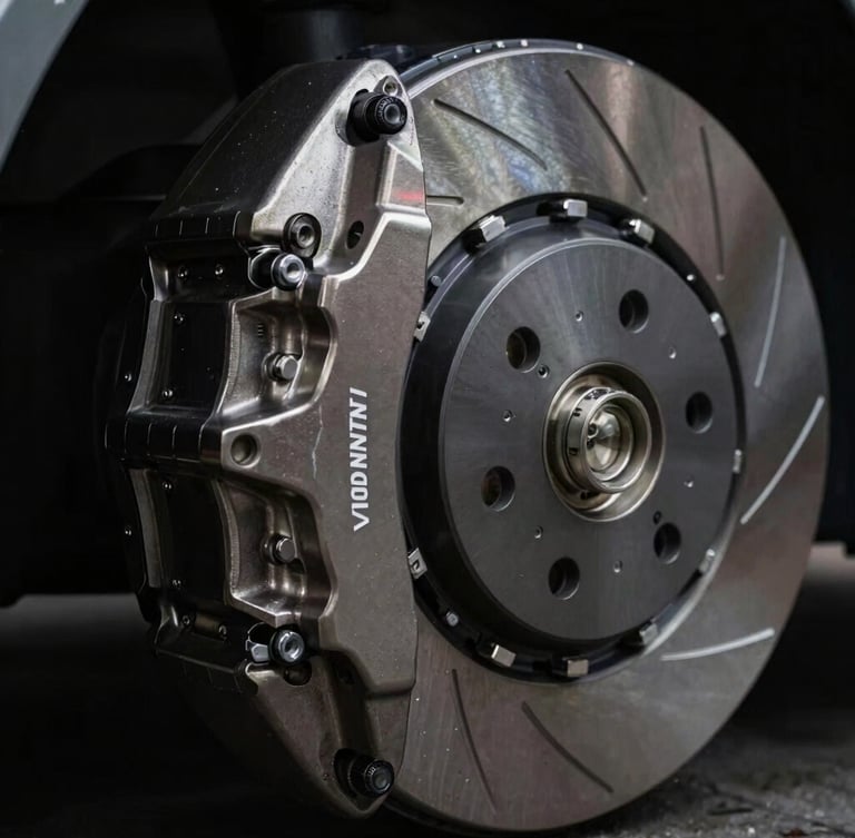 Tight macro shot of a high-performance brake caliper and metallic rotor, showcasing precise engineering textures and serial numbers, moody studio lighting