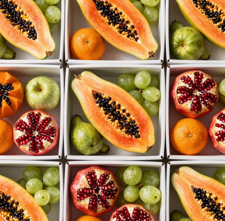 Overhead flat-lay of structured corporate wellness fruit boxes with portioned papayas and pomegranates, bright daylight, high-contrast food photography