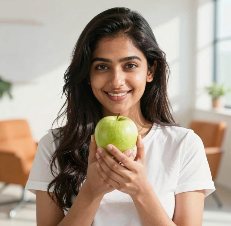 Professional, warm portrait of Kundana in a bright, modern consultation room with natural morning daylight, holding a fresh green apple, clean high-key food photography style