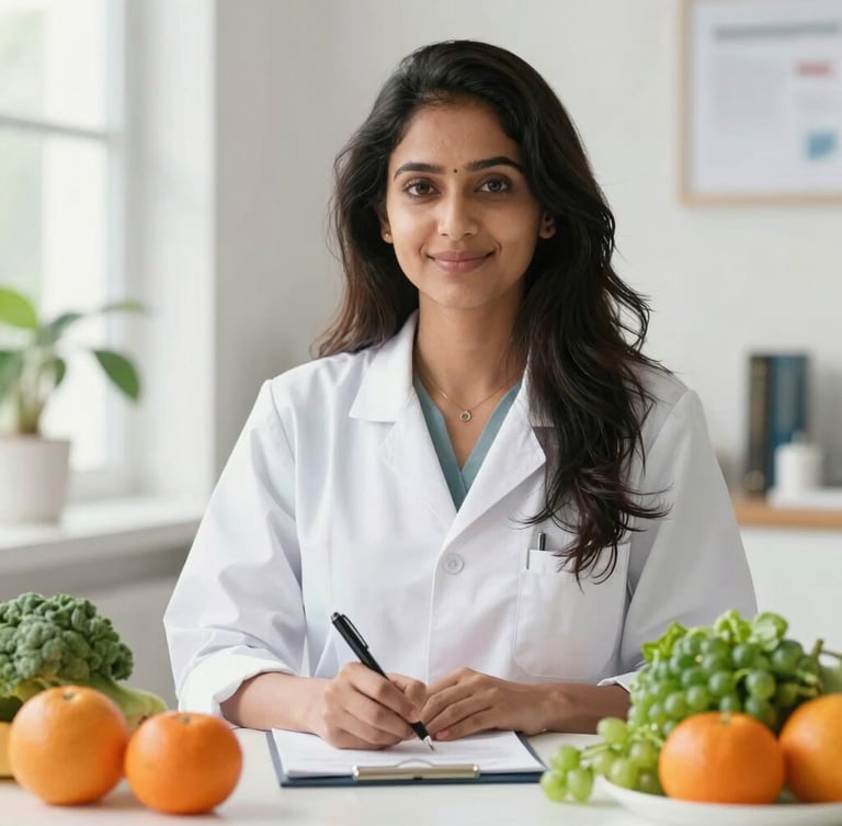 Professional warm portrait of Kundana, a certified clinical nutritionist, in a bright modern consultation room with soft morning light, clean background