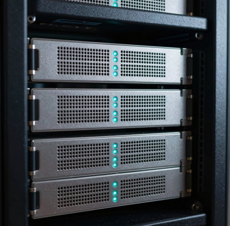 Macro shot of clean server hardware racks with teal indicator lights, cool low-key studio lighting, structured architectural framing.